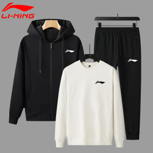 李宁卫衣秋冬休闲运动套装男士纯棉卫衣春秋连帽运动服跑步三件套