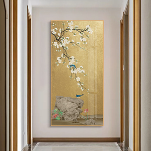 玄关花鸟晶瓷画新中式走廊尽头竖版装饰画过道墙画客厅背景墙挂画