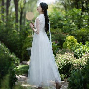 棉麻记【思暮】白色连衣裙女夏2021新款国风绣花长裙网纱裙子仙