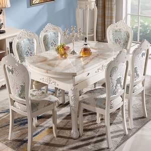 欧式餐桌椅组合实木饭桌现代简约可伸缩折叠大理石圆桌家用小户型