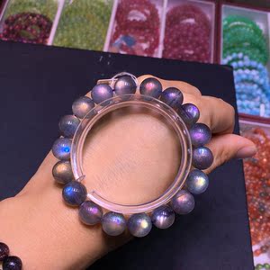 潇洒之叶淘宝天然紫拉长石紫月光圆珠三圈手串 紫水晶月光石手链女