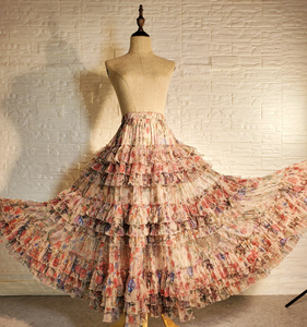 韩版印花面料花边纱纱蓬蓬裙吉普赛女郎大摆舞裙旅行拍摄沙滩裙