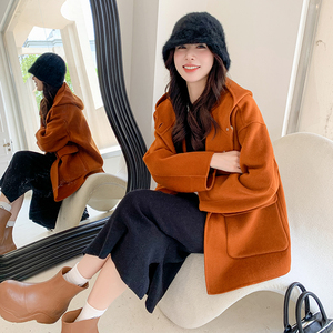 橘色双面羊绒大衣女2022新短款小个子高端纯羊毛连帽秋冬季呢外套