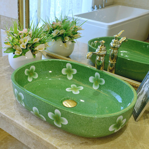 台上盆大号陶瓷洗手盆椭圆形绿色艺术盆阳台洗脸盆家用卫生间水盆