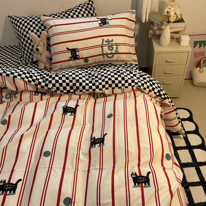 可爱条纹猫咪纯棉四件套全棉黑白格 被套床单宿舍三件套床上用品4