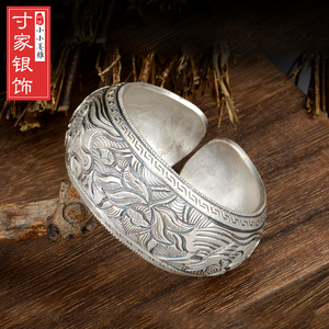 寸家银饰999足银荷叶莲花纯银女士款宽面开口活口手镯名族风