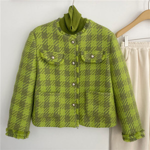 韩版牛油果绿格子毛呢短外套女冬装新品百搭显瘦小个子保暖羽绒服