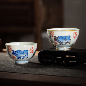家居旗舰店天猫五牛图主人杯 青花瓷手工手绘陶瓷功夫茶具茶杯单杯