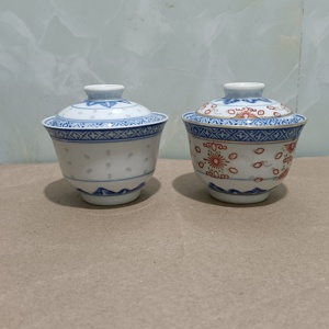 景德镇文革厂货七八十年代青花玲珑中式陶瓷茶具小号玩玉元宝盖碗