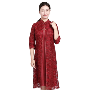 老美华新款连衣裙女中老年妈妈装长裙气质蕾丝中式中国风旗袍裙