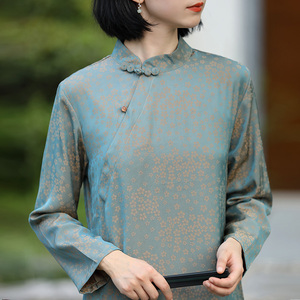 新中式茶艺师微胖女孩秋天改良旗袍裙七分袖复古民国风绿色旗袍