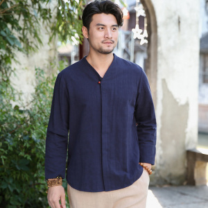 居士服男宽松亚麻衬衫休闲唐装上衣青年男装中国风茶人服男士茶服