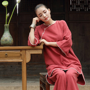 中式旗袍上衣中长款禅服宽松禅意居士服茶道服棉麻茶服女秋冬