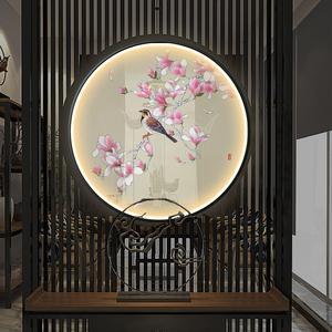 新中式花鸟丝绢灯画半透明圆形纱画玄关装饰画客厅屏风隔断挂画