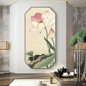 入户玄关装饰画新中式禅意茶室荷花挂画竖版日式走廊过道书房壁画