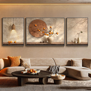 事事如意柿子画客厅装饰画日式侘寂风沙发背景墙挂画高级感三联画