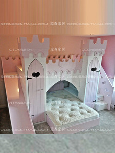 粉色城堡床 女孩公主床 多功能上下床 带滑梯高低床 交错式儿童床