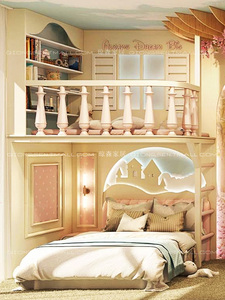 儿童床女孩公主床上下床f粉红色公主床女孩卧室梦幻城堡床错位床