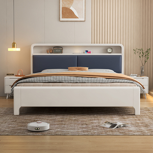 北欧实木床白色现代简约1米8双人床1米5单人软包储物床儿童床男孩