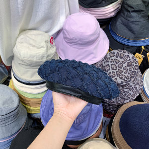 显白衬肤色蓝色贝雷帽子女四季款韩版日系报童帽格子透气画家帽潮