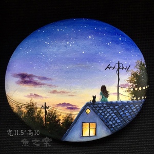 手绘石头彩绘石头画鹅卵石星空屋顶女孩和猫风景画礼物摆件