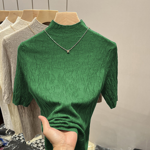 半高领五分袖羊绒针织衫女2024春秋新款肌理感绿色中袖打底衫上衣