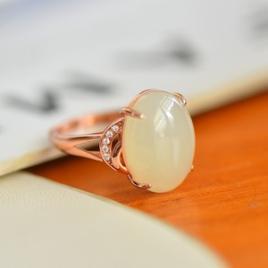 阿里拍卖捡漏s925银镶和田玉白玉蛋面戒指时尚简约男女款玉石指环