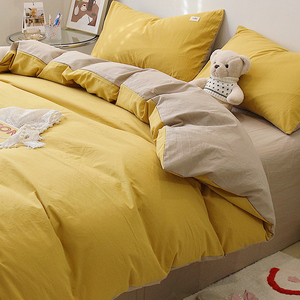 简约ins风全棉100水洗棉床上四件套纯棉黄色被套床品床单三件套男