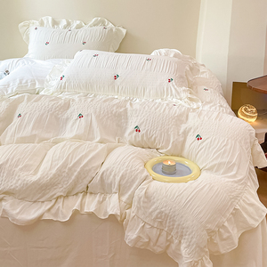 韩式公主风泡泡纱床上四件套2024新款非纯棉全棉床品白色被套床单