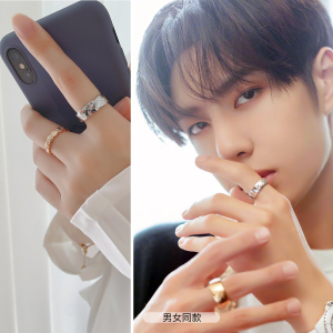 王一博 易祥千玺 钛钢菱形格纹十字菱格波浪边镀真金情侣戒指礼物