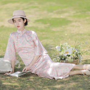 迟年-言欢 中式民国风倒大袖真丝桑蚕丝缎波浪领年轻款日常旗袍