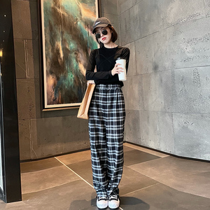 宠儿家 黑白格子裤子女休闲高腰英伦风直筒韩版宽松磨毛阔腿裤潮