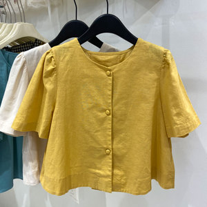 韩系甜美黄色棉麻短袖衬衫女夏高级感单排扣洋气减龄娃娃小衫上衣