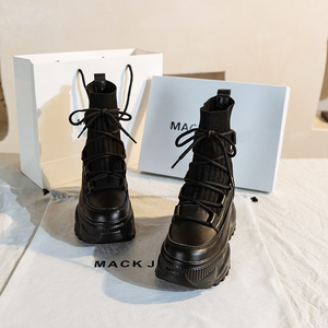 香港MACKJASCHK短靴春新款2024袜靴透气小个子厚底内增高马丁靴女