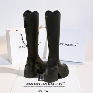 香港MACKHK真皮12CM高跟长靴子2024春秋季新款厚底增高筒长筒靴女