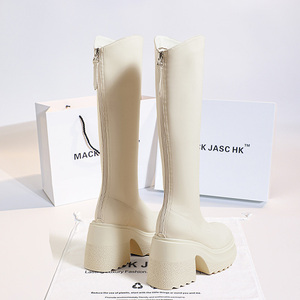 香港MACKJASCHK白色12cm高跟长靴2024冬新款厚底粗跟高筒骑士靴女