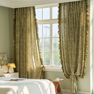 南洋法式复古透光不透人加厚棉麻纱帘美式中式定制成品橄榄色窗纱
