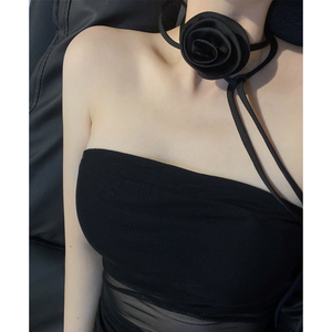 【Black Rose】黑色玫瑰花朵立体颈链女小众设计复古绑带项链纯欲