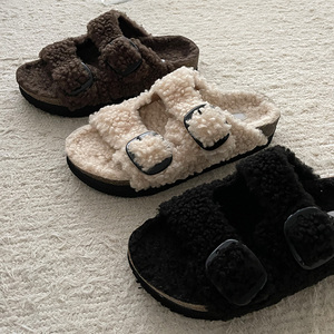 韩国东大门2121秋季圆头羊羔毛厚底拖鞋露趾保暖毛毛绒带双扣鞋子