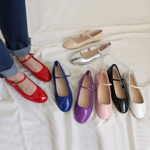 韩国漆皮鞋子紫色单鞋法式芭蕾鞋蓝色平底银色复古东大门新款女鞋