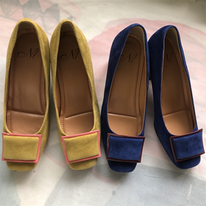 任3件包邮外贸韩版女士高跟鞋2023秋季新款气质拼色时尚羊皮单鞋