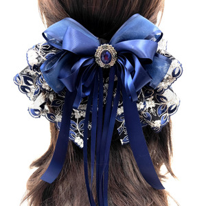 限量公主珍珠钻手工发饰韩国正品深蓝色超大蕾丝蝴蝶结发夹发箍