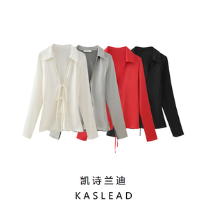 KASLEAD 新款 女装 欧美风时尚蝴蝶结饰丝缎质感衬衫 2183331