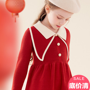 女童毛衣裙秋冬年服洋气保暖公主裙子红色小女孩加厚连衣裙童装
