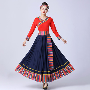 藏族舞蹈服装长袖套装广场舞大摆裙上衣半身长裙藏式民族舞服装女