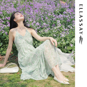 ELLASSAY歌力思24春夏新法式碎花茶歇裙薄荷曼波度假吊带连衣裙女