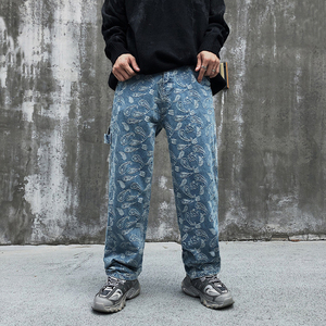 嘻哈街头提花宽松牛仔裤1807潮牌直筒西海岸腰果花水洗做旧裤子男
