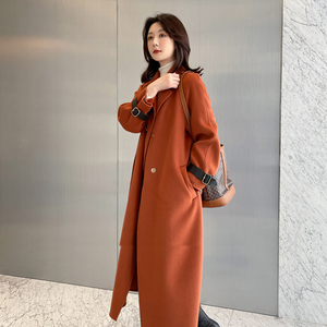 2021年新款秋冬季橘色双面羊绒大衣女中长款过膝高端羊毛呢子外套