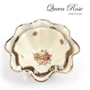 韩国进口QueenRose金玫瑰皇后陶瓷盘子碟子高档玫瑰花边沙拉碗