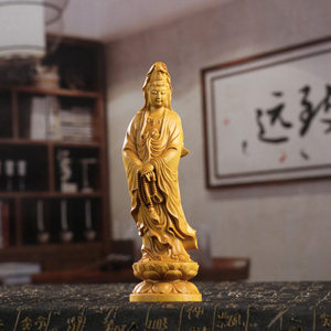 黄杨木雕摆件中式家居客厅实木手工艺品招财平安佛像拿珠观音菩萨
